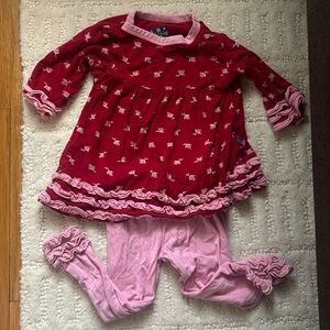 Kickee Pants long sleeved ruffled shirt and pants set, red and pink roses 12-18